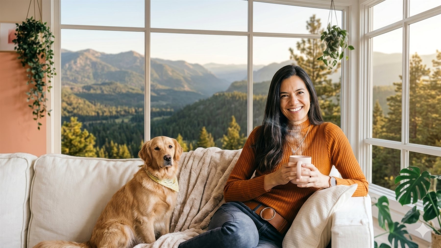 Christiane Drew with a coffee and her dog, ready for a relaxed coaching conversation