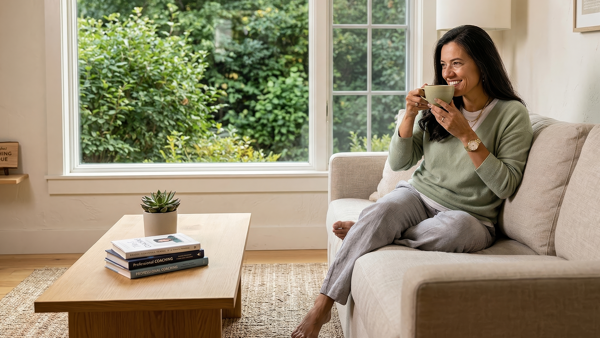Christiane Drew sitting with coffee in a calm coaching space